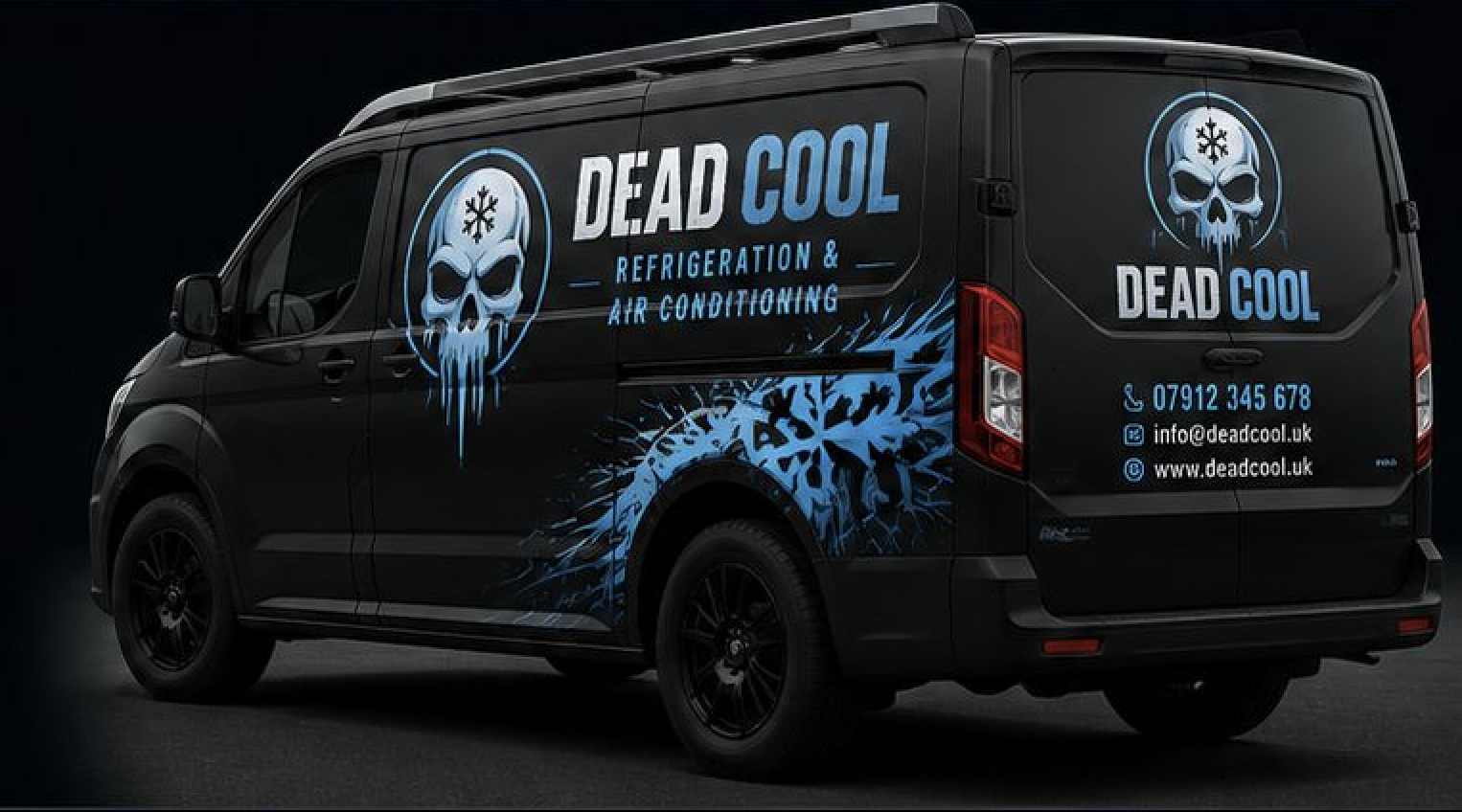 Dead Cool branded service van, black with ice-blue skull and snowflake livery.